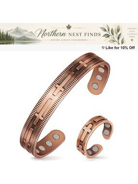 Pure Copper Magnetic Bracelet & Thumb Ring Set Adjustable Cross Design